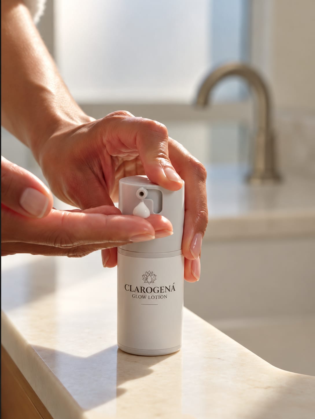 A hand presses the pump of Clarogena Glow Lotion
