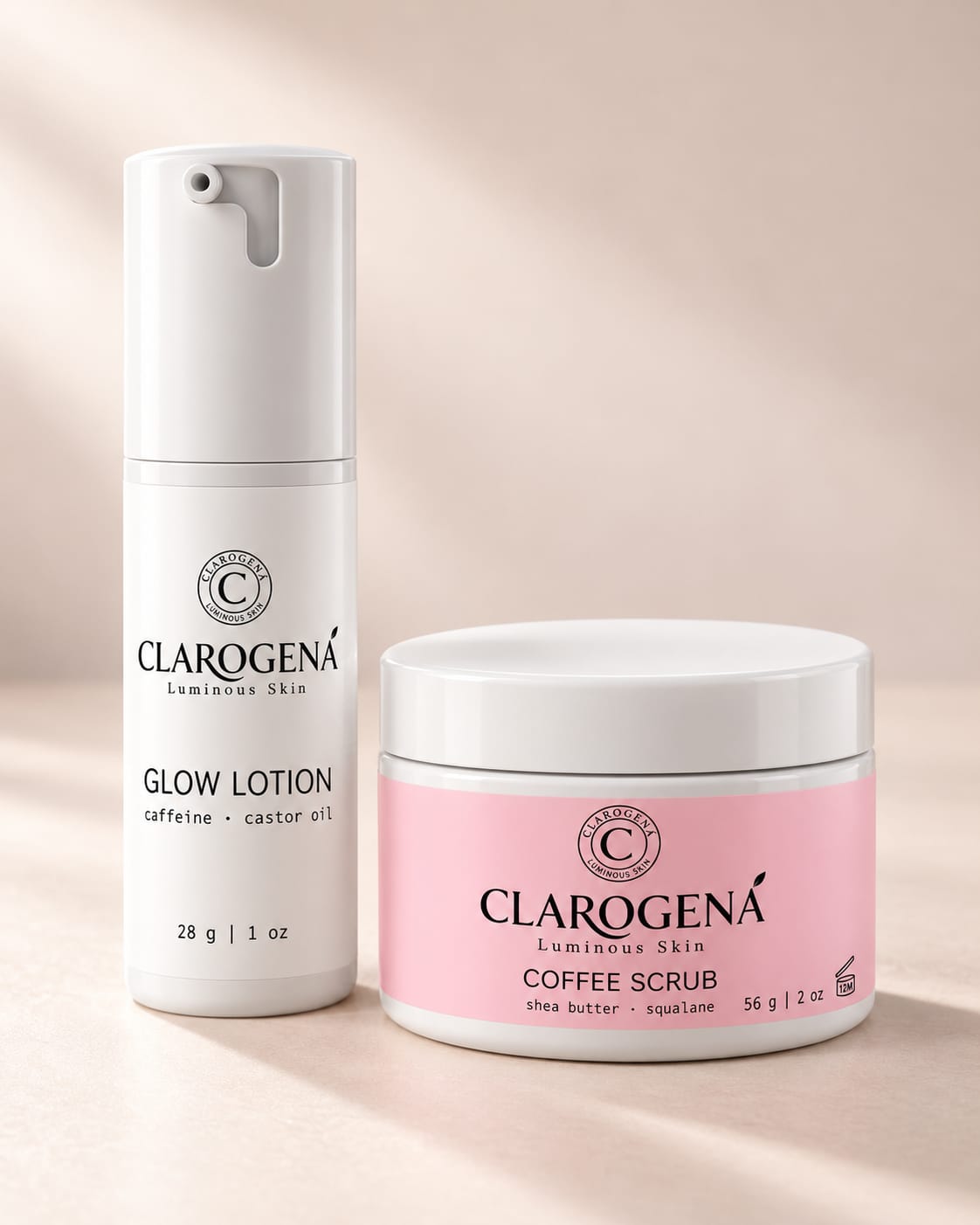 Clarogena Glow Lotion and Coffee Scrub side by side in soft light