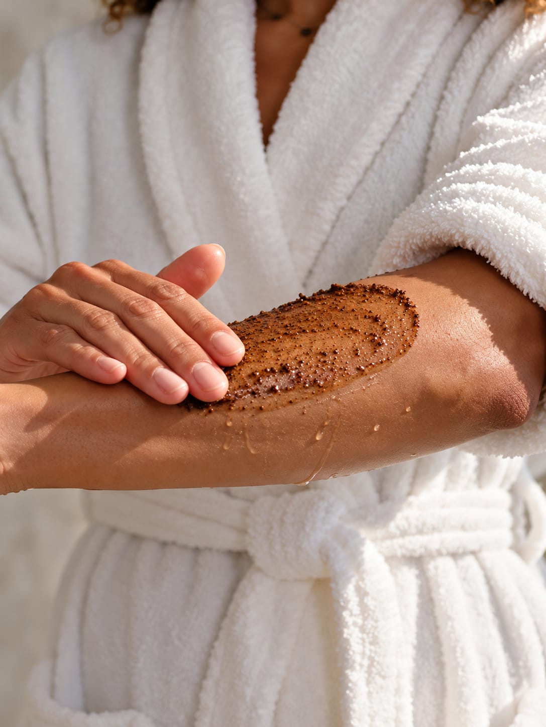 Coffee Scrub massaged onto a damp forearm