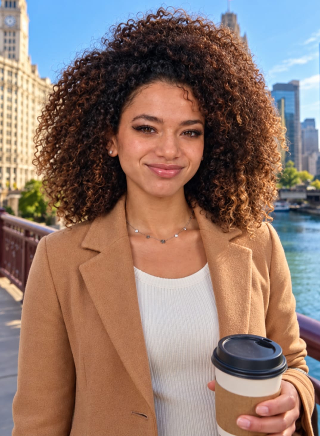 A woman in a camel coat holds a coffee on a city bridge
