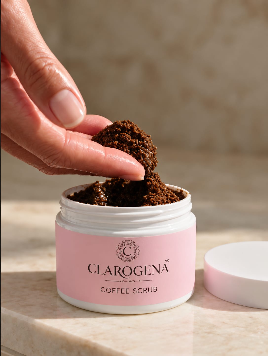 A hand scoops Clarogena Coffee Scrub from the open pink jar